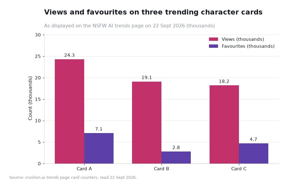 Bar chart of views and favourites for three trending character cards, in thousands